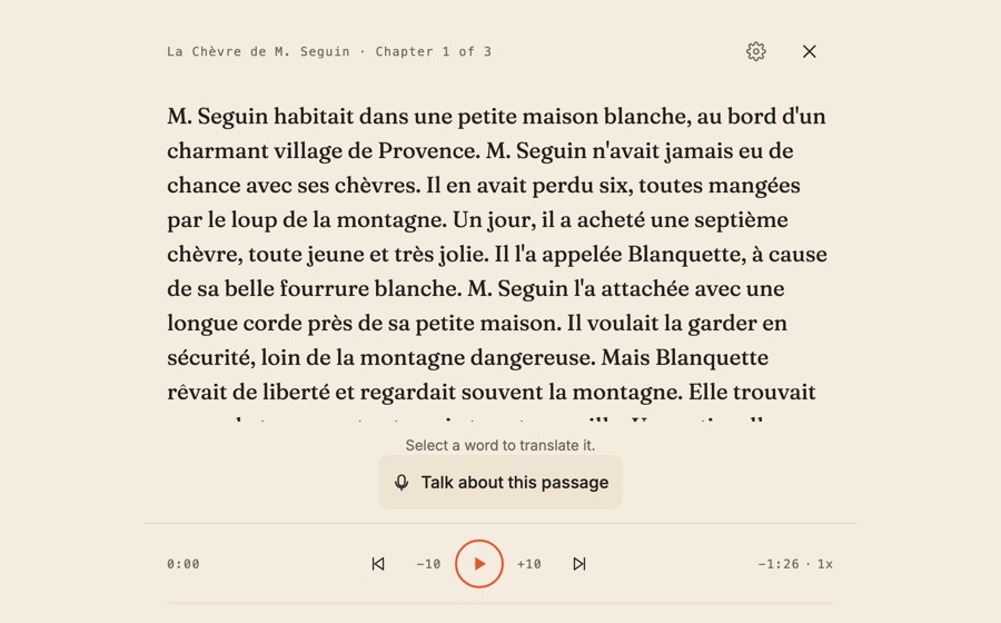 The Sotto reader with the word loup tapped and its meaning, wolf, beside the passage
