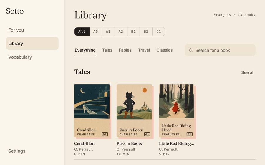 The Sotto library: a shelf of illustrated covers, each stamped with its level